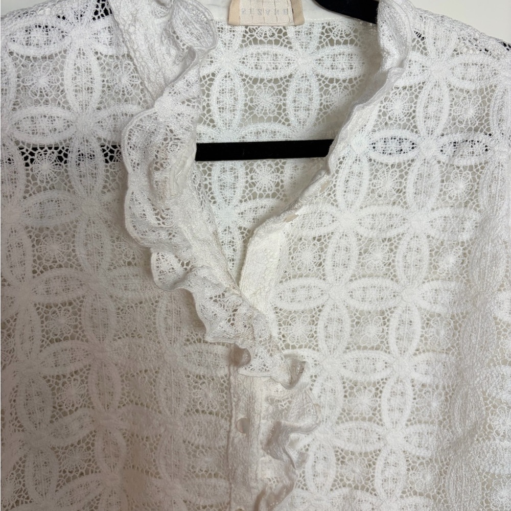 Sezane Chlo White Lace Crochet Button-Down Shirt - Picture 4 of 10